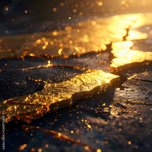 Golden River of Light - Abstract Landscape with Glistening Particles.
