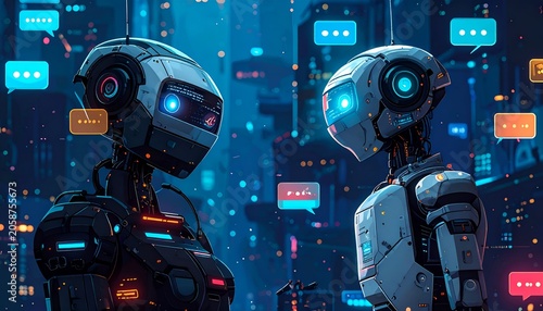 Two futuristic robots communicating in a digital cityscape environment.