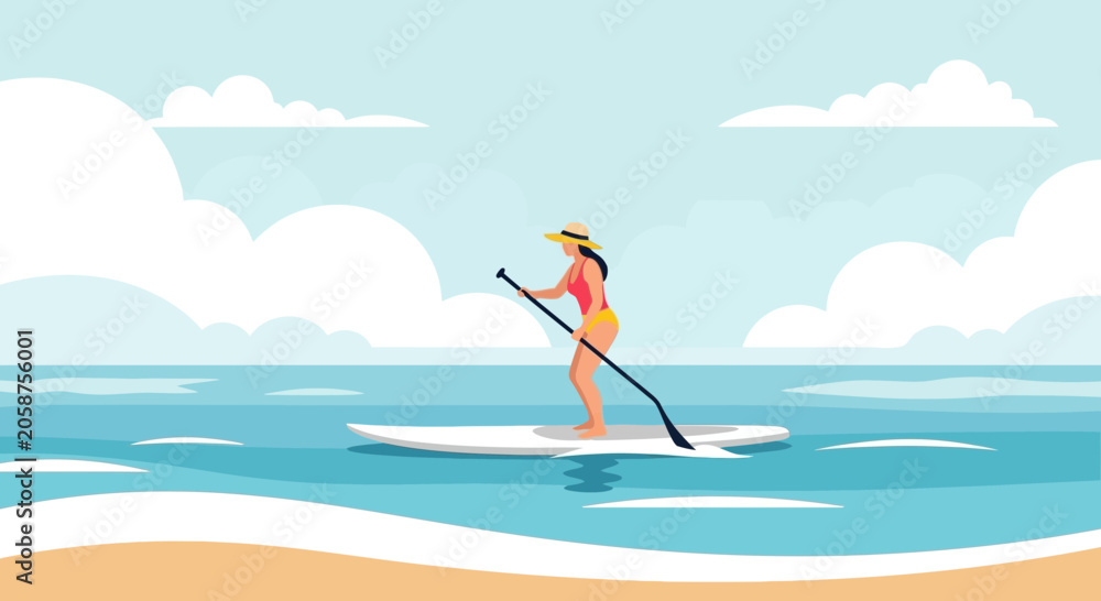 Fototapeta premium Woman paddleboarding on calm ocean water with blue sky and clouds, summer leisure activity