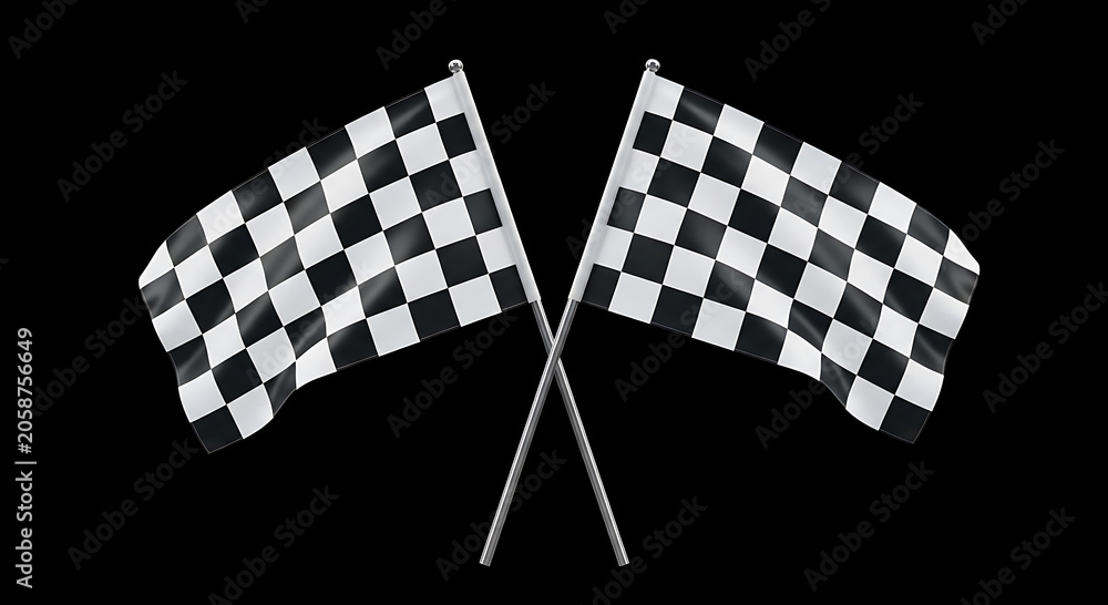 Naklejka premium Crossed Checkered Racing Flags Waving Isolated on Plain Black Background