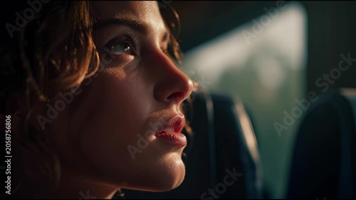 Close-up profile of a young woman with eyes closed, bathed in warm light