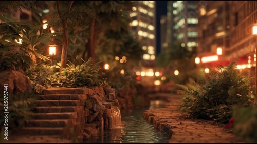 Enchanting urban oasis with stone steps and glowing lanterns at night