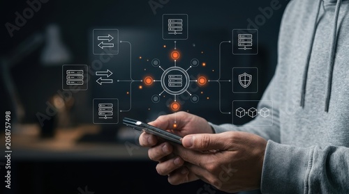 Professional using a smartphone to manage a centralized cloud server network with holographic data transfer icons and secure infrastructure, database administration modern technology business concept