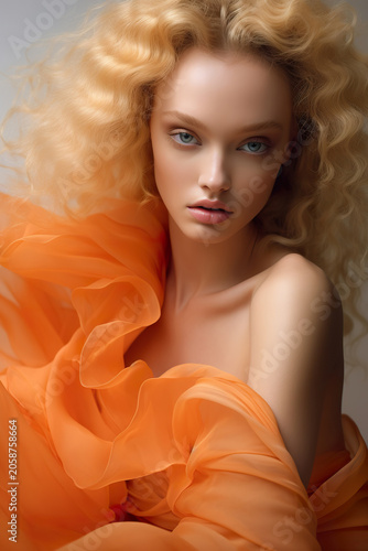 Striking Portrait of a Fair Skinned Woman with Flowing Blonde Curls Wrapped in an Orange Fabric