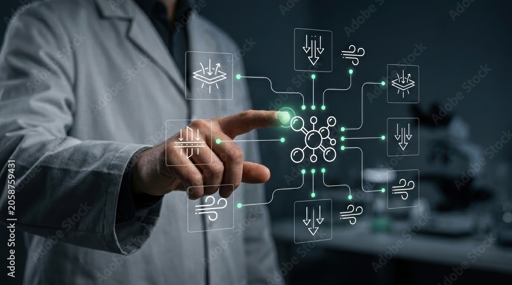 Fototapeta premium Scientist touching glowing node on digital interface mapping advanced filtration and airflow analysis processes, technology, innovation concept, data management modern technology business concept