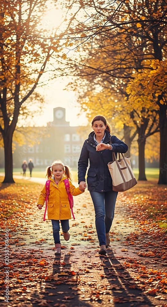 Fototapeta premium Mother and Young Daughter Walking Hand in Hand on Autumn School Path