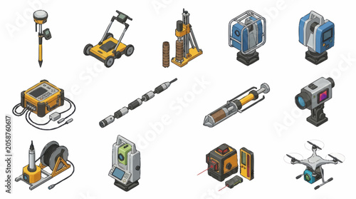 Bild auf Leinwand Collection of surveying and construction equipment in isometric view
