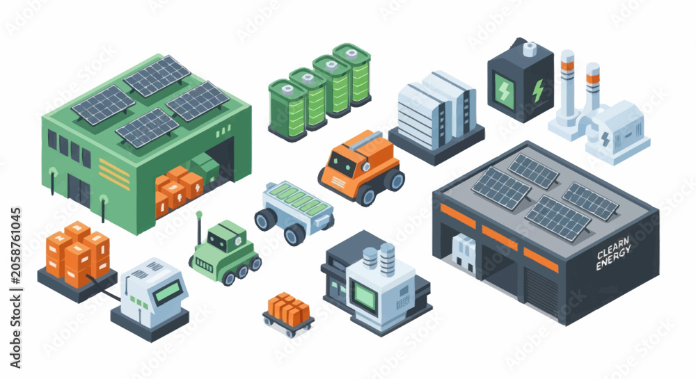 Fototapeta premium Isometric industrial factory buildings with solar panels and automated vehicles.