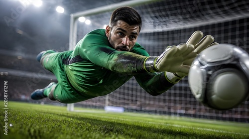 Goalkeeper Diving to Save Goal in Intense Soccer Match Under Stadium Lights