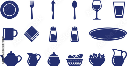Photos Set of blue tableware and dining utensil icons with tableware kitchenware utensi