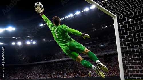 Goalkeeper Jumping to Catch Ball in Football Stadium at Night with Crowd
