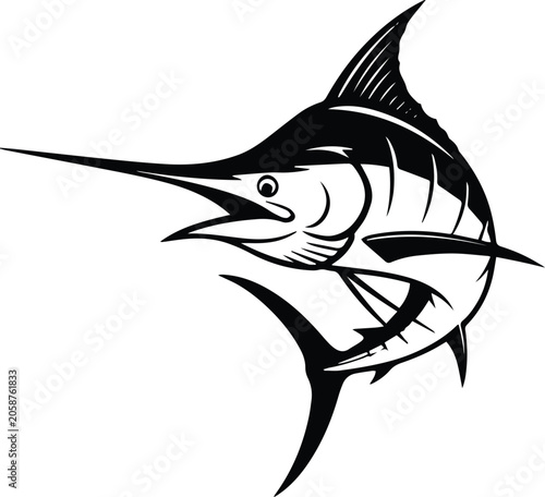 Fotografie A detailed black and white graphic illustration of a marlin fish leaping, showcasing its distinctive long bill, dorsal fin, and streamlined body