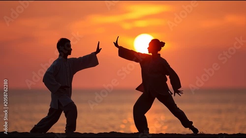 Silhouettes of two people practicing Tai Chi on a beach at sunset