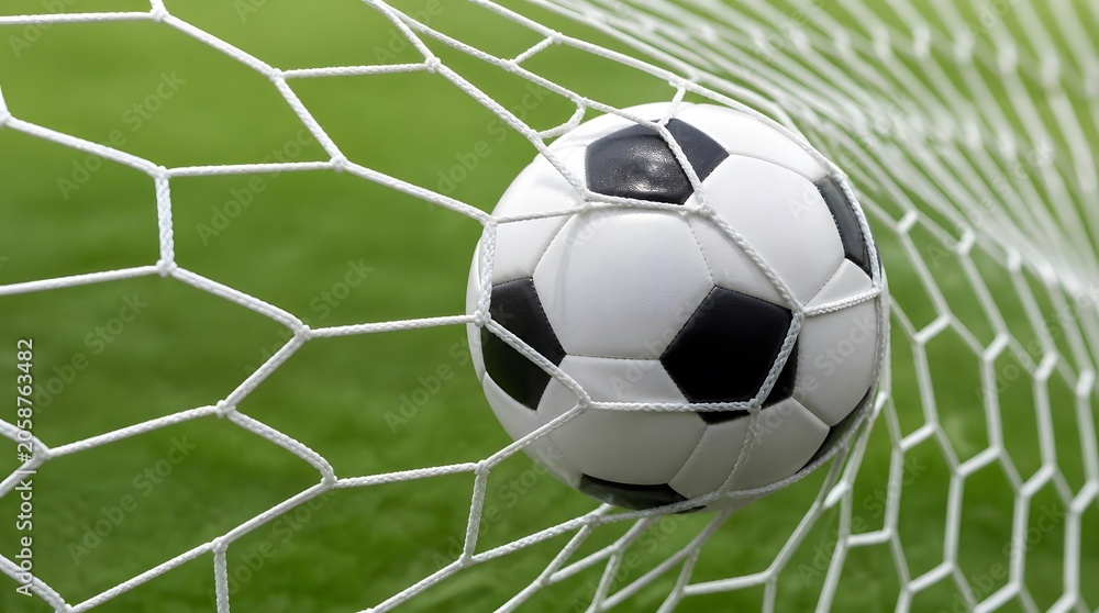 Fototapeta premium Soccer Ball Caught in White Goal Net Close Up Sports Victory