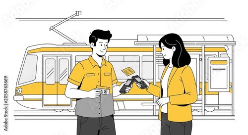 Commuter paying fare with contactless terminal at tram station - illustration