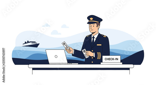 Cruise ship captain checking passports at check-in desk, travel concept