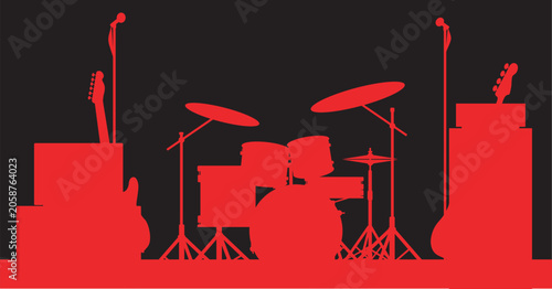 Φωτογραφία Rock Band Equipment Silhouette In Red On A Black Background