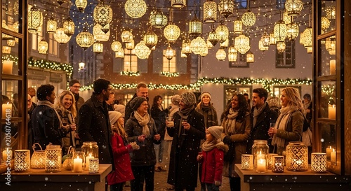 Happy people enjoying a festive Christmas market at night.