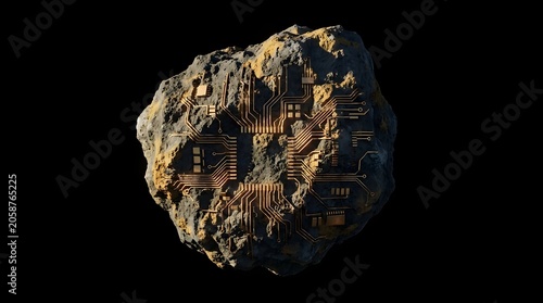 Golden circuit board pathways embedded in a floating space asteroid illustrating futuristic resource mining and advanced extraterrestrial computing
