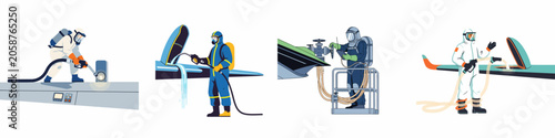 Konstfotografi Set of illustrations featuring industrial workers in protective hazmat suits performing hazardous material handling, aircraft refueling, and maintenance tasks safely