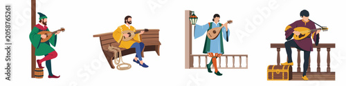 Photos Set of medieval minstrel characters in traditional Renaissance costumes playing lute instruments in various historical settings isolated on a white background