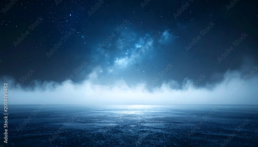 Fototapeta premium Glowing mist over a cosmic sea beneath a starry night sky, with radiant nebula light creating a surreal, mysterious, and tranquil atmosphere.