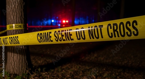 Crime scene tape at night with police lights in background