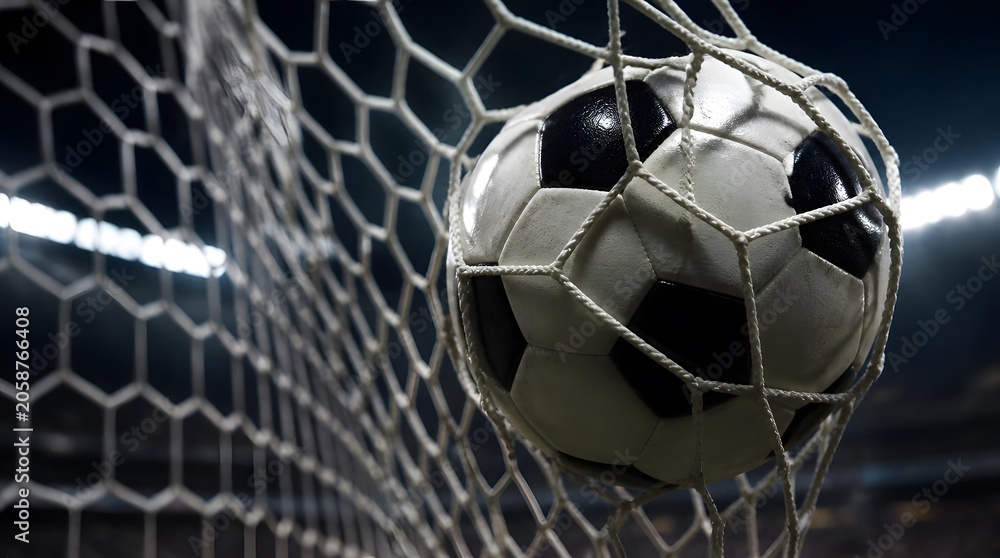 Fototapeta premium Soccer Ball in Net Goal Close Up Stadium Lights Background Celebration Stock Photo