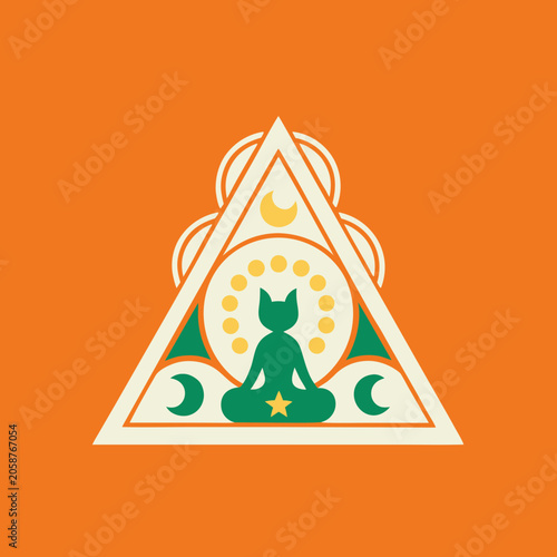 Meditating Cat Within Triangle Frame Vector Illustration