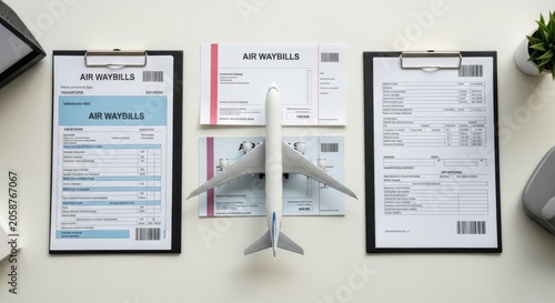 Airplane Model with Air Waybills and Documents on Clipboards representing Air Cargo Logistics and Global Shipping