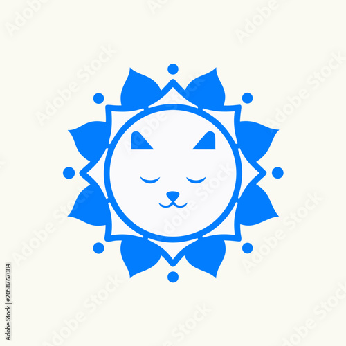 Blue Cat Face Icon With Floral shaped Halo Flat Vector Illustration
