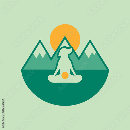 Meditating Dog With Mountains And Sun Flat Vector Illustration