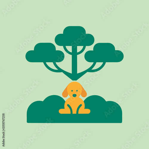 Golden Retriever Under Tree Icon Flat Vector Illustration With Green Background