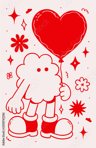 Red Cloud Character Holding Heart shaped Balloon Vector Illustration