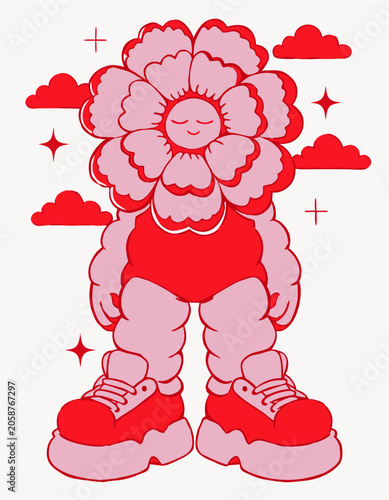 Anthropomorphic Flower Illustration With Shoes And Clouds Red Tones