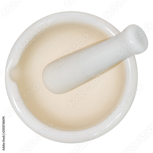 White Ceramic Mortar and Pestle. Pharmacist Mortar and Pestle Isolated.