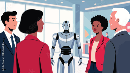 Futuristic robot standing in front of a group of diverse business professionals.