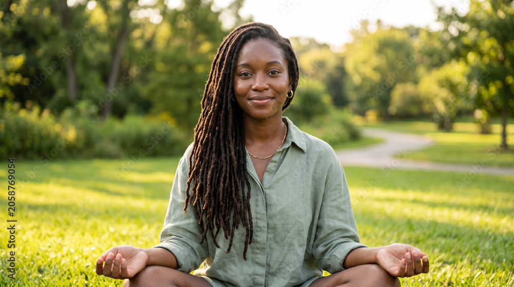 Fototapeta premium young woman enjoying peaceful meditation in a sunny park, embracing nature and tranquility