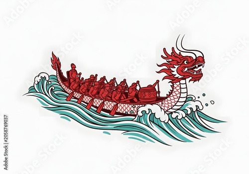Traditional Red Dragon Boat Racing on Stylized Blue Water Waves