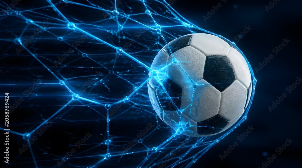 Fototapeta premium Soccer Ball Passing Through Digital Blue Energy Net Exciting Goal Metaphor