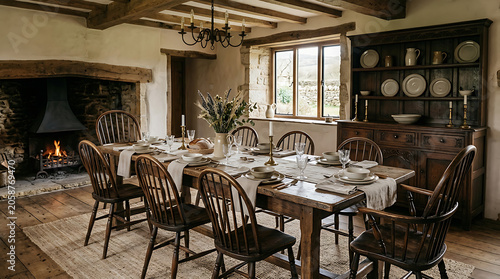 Rustic dining room with wooden furniture and fireplace