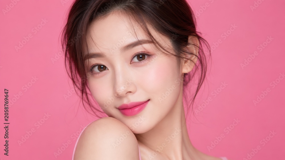 Fototapeta premium Young woman smiling against pink studio background with soft light