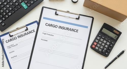 Cargo insurance documents on a clipboard with office supplies, representing freight protection and logistics management