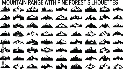 Collection of black mountain range and pine forest silhouette vector graphic icons featuring diverse jagged peaks and evergreen tree shapes presented in a simple on transparent background.