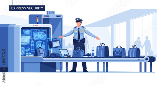 Airport Security Checkpoint: Officer, Scanner, Luggage, and Conveyor Belt - Vector Illustration