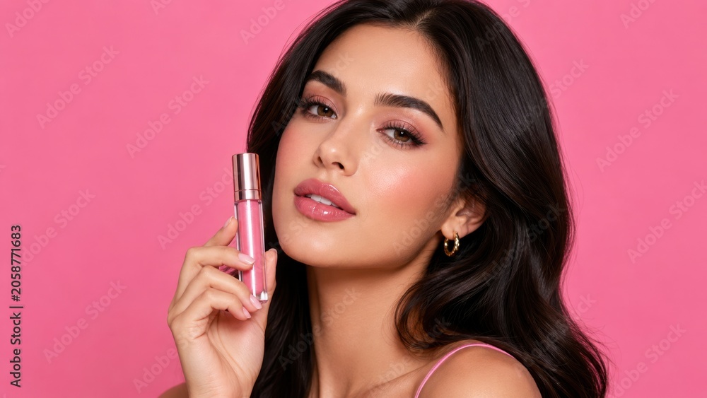 Fototapeta premium Young woman holding lipstick near face in pink studio backdrop