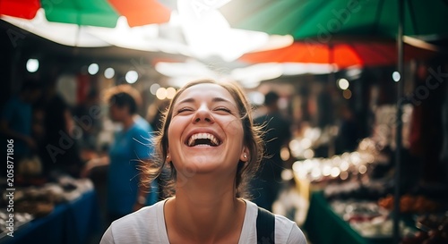 Happy woman laughing while exploring a bustling outdoor street market.