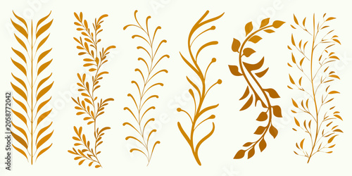 Obraz na plátně Golden Botanical Elements Stylized Leaves And Branches Vector Illustration