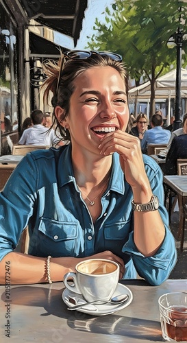 Happy woman laughing while sitting at a cafe table with coffee.