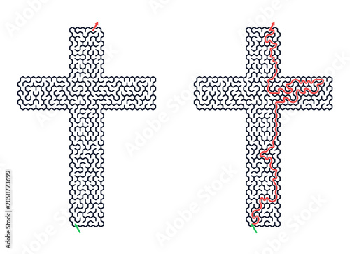 Maze design in the shape of a cross with solution path